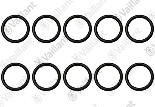 Schwarze O-Ringe in zwei Reihen angeordnet, mit der Aufschrift "Vaillant". Gesamtanzahl: zehn Stück.